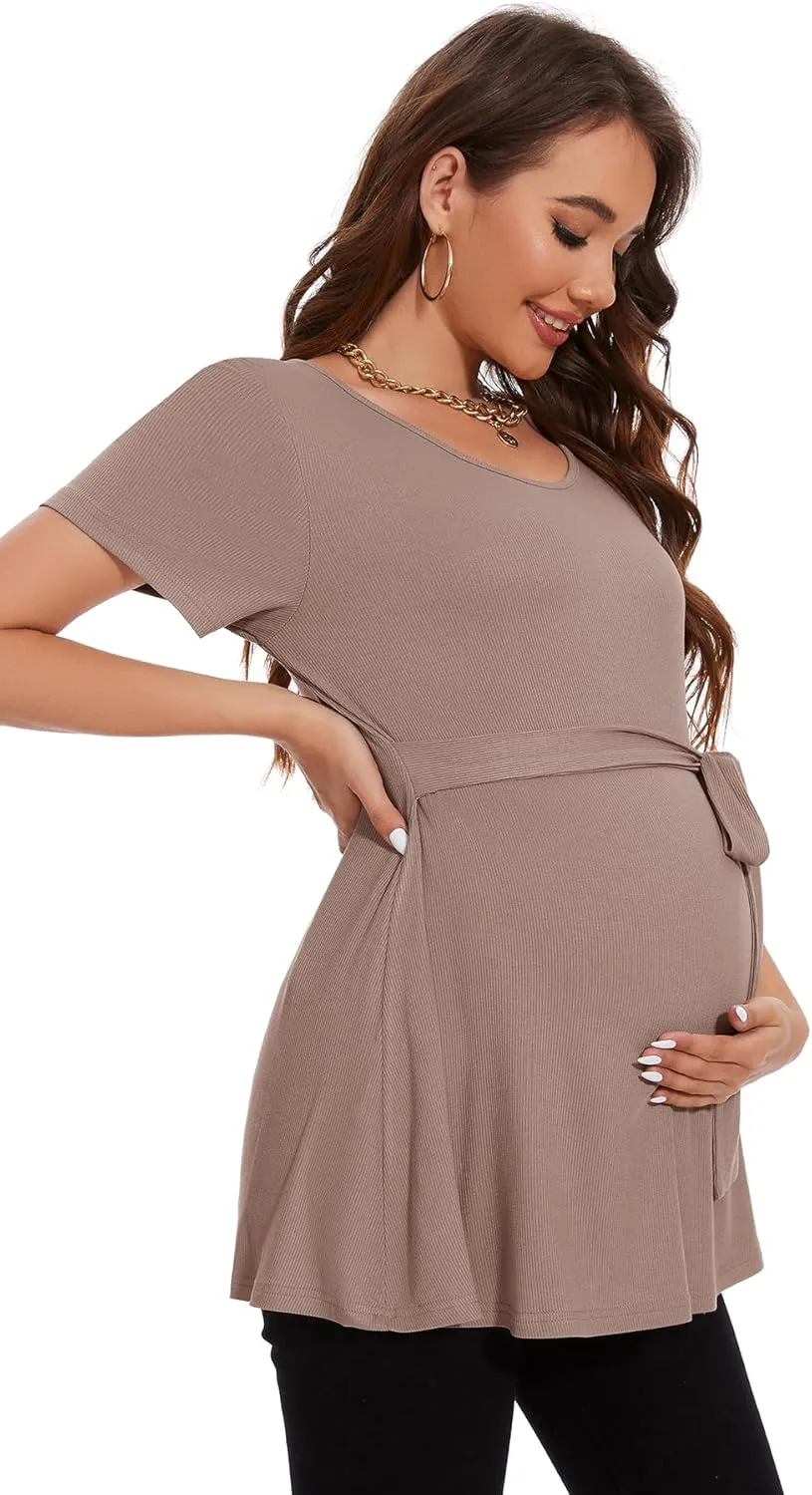Smallshow Women's Maternity Shirts Tie Front Short Sleeve Pregnancy Tops Clothes