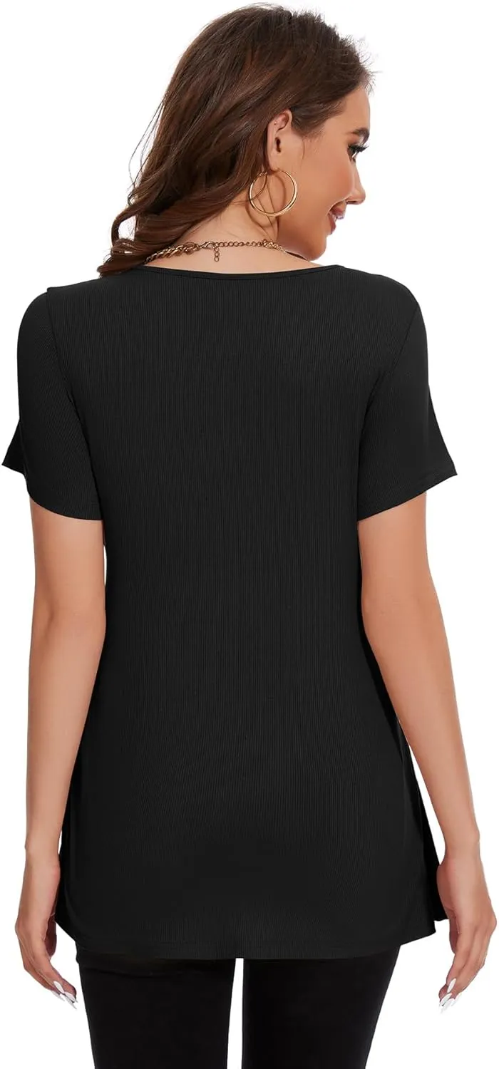 Smallshow Women's Maternity Shirts Tie Front Short Sleeve Pregnancy Tops Clothes