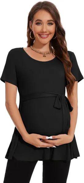 Smallshow Women's Maternity Shirts Tie Front Short Sleeve Pregnancy Tops Clothes