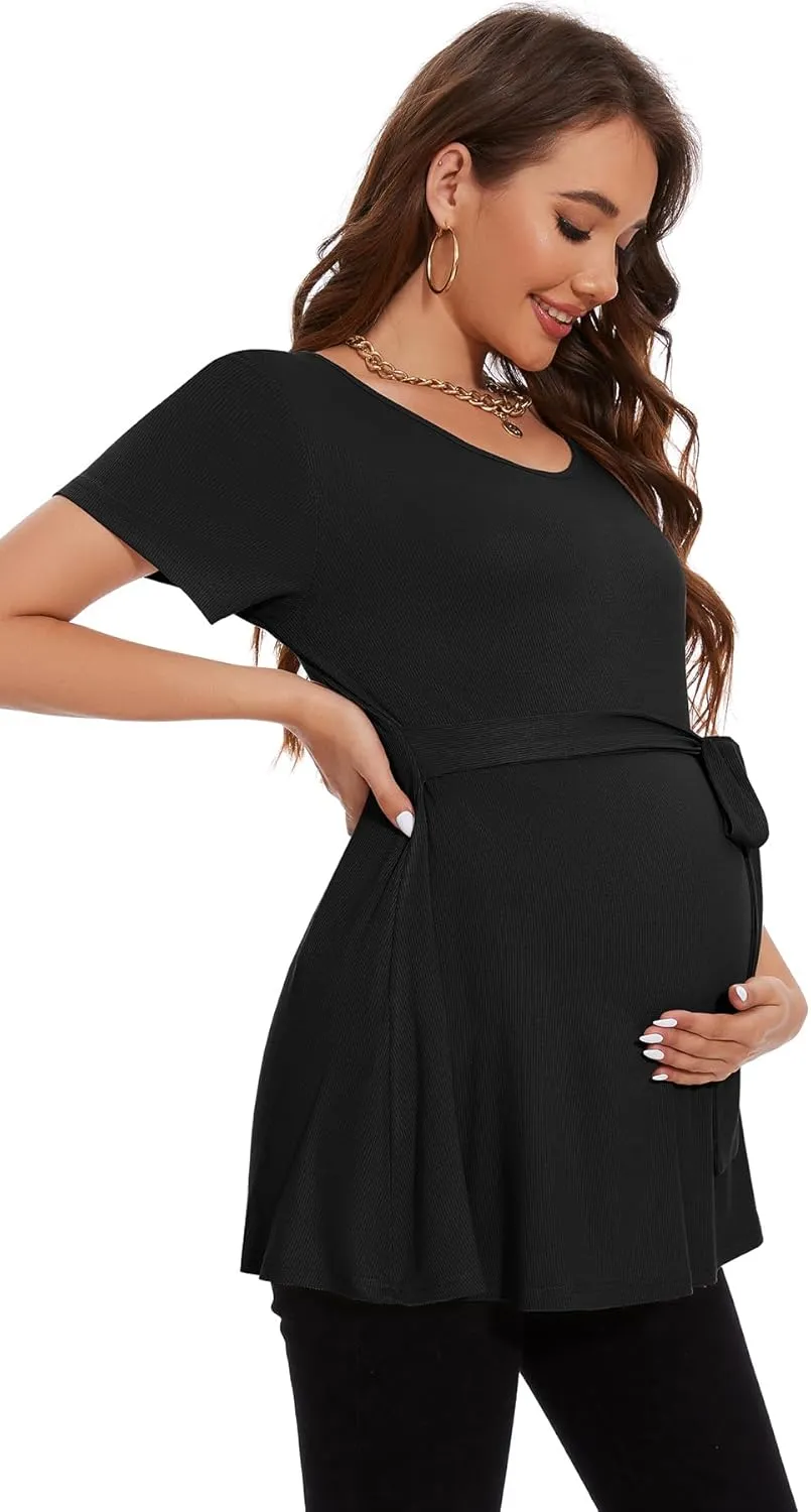Smallshow Women's Maternity Shirts Tie Front Short Sleeve Pregnancy Tops Clothes