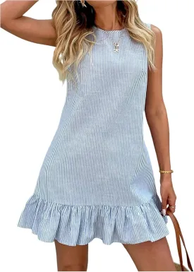 SOLY HUX Women's Striped Print Sleeveless Ruffle Tunic Dress Summer Swing Flowy Mini Dresses