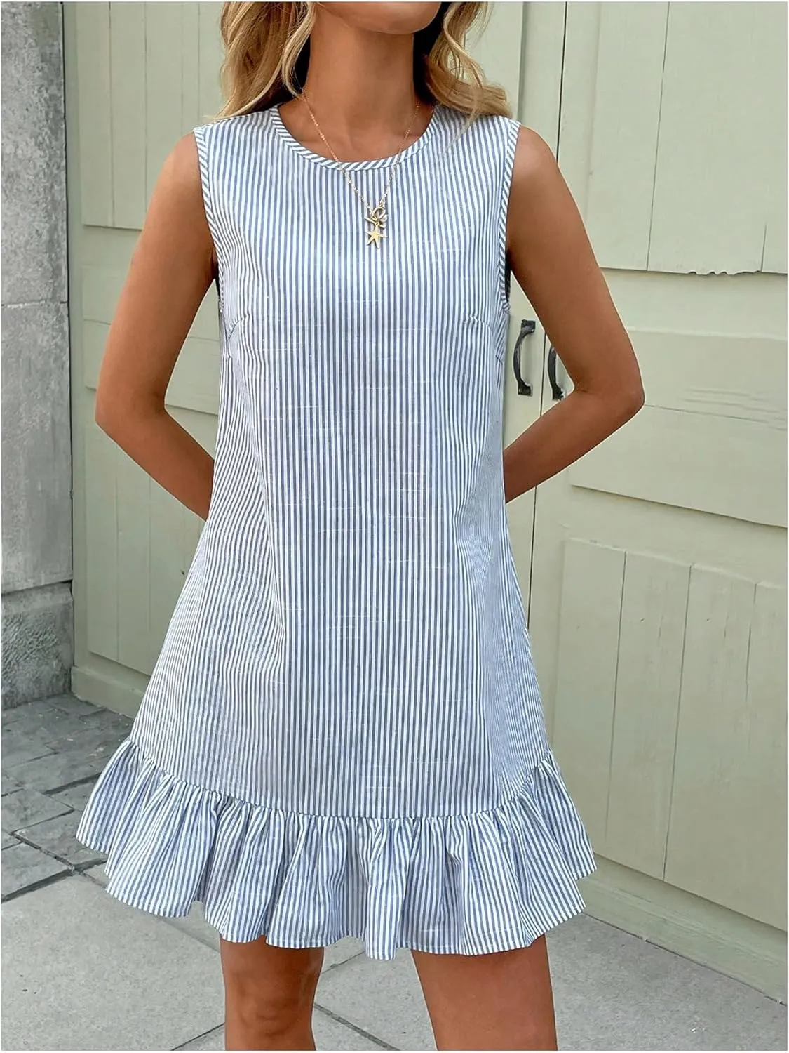 SOLY HUX Women's Striped Print Sleeveless Ruffle Tunic Dress Summer Swing Flowy Mini Dresses
