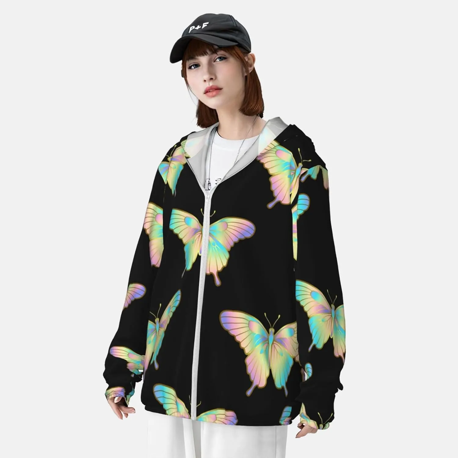 Sun Protection Hoodie Jacket Holographic Butterlfy Pattern Summer Cooling Shirts For Fishing Hiking