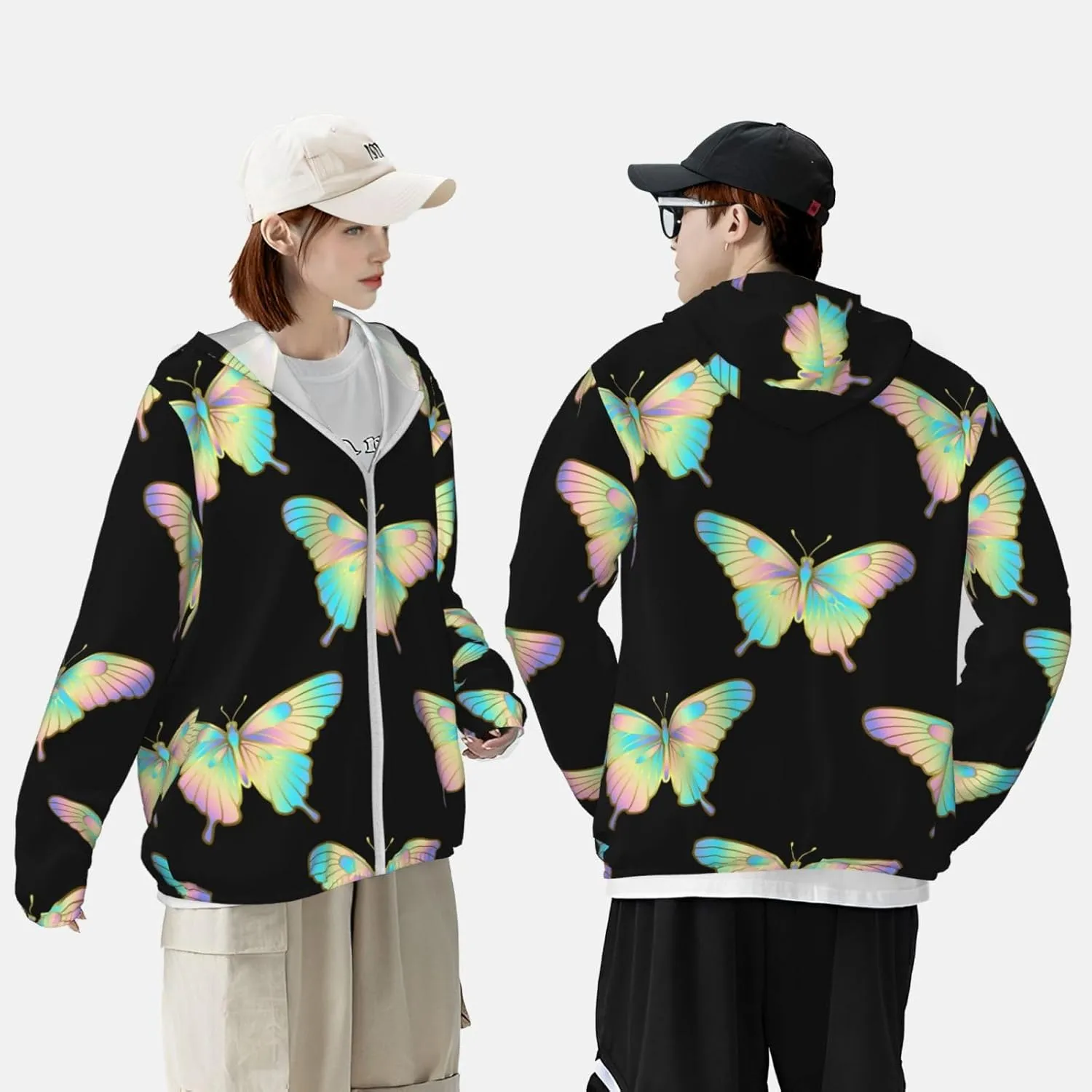 Sun Protection Hoodie Jacket Holographic Butterlfy Pattern Summer Cooling Shirts For Fishing Hiking