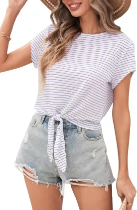 TASAMO Women's Summer Crop Top Lightweight Short Sleeve Tie Front Loose Fit Y2K Stripe Thin Tee Slightly Sheer T-Shirt