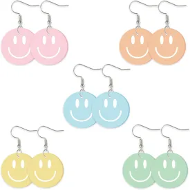 Whaline 5 Pairs Smile Face Acrylic Earrings Pastel Smile Face Dangle Earrings Decorative Drop Earrings for Women Jewelry Party Accessories Supplies