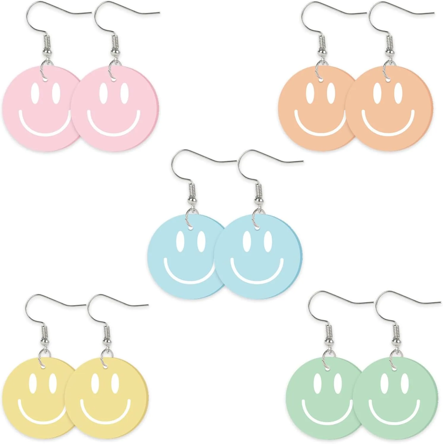 Whaline 5 Pairs Smile Face Acrylic Earrings Pastel Smile Face Dangle Earrings Decorative Drop Earrings for Women Jewelry Party Accessories Supplies