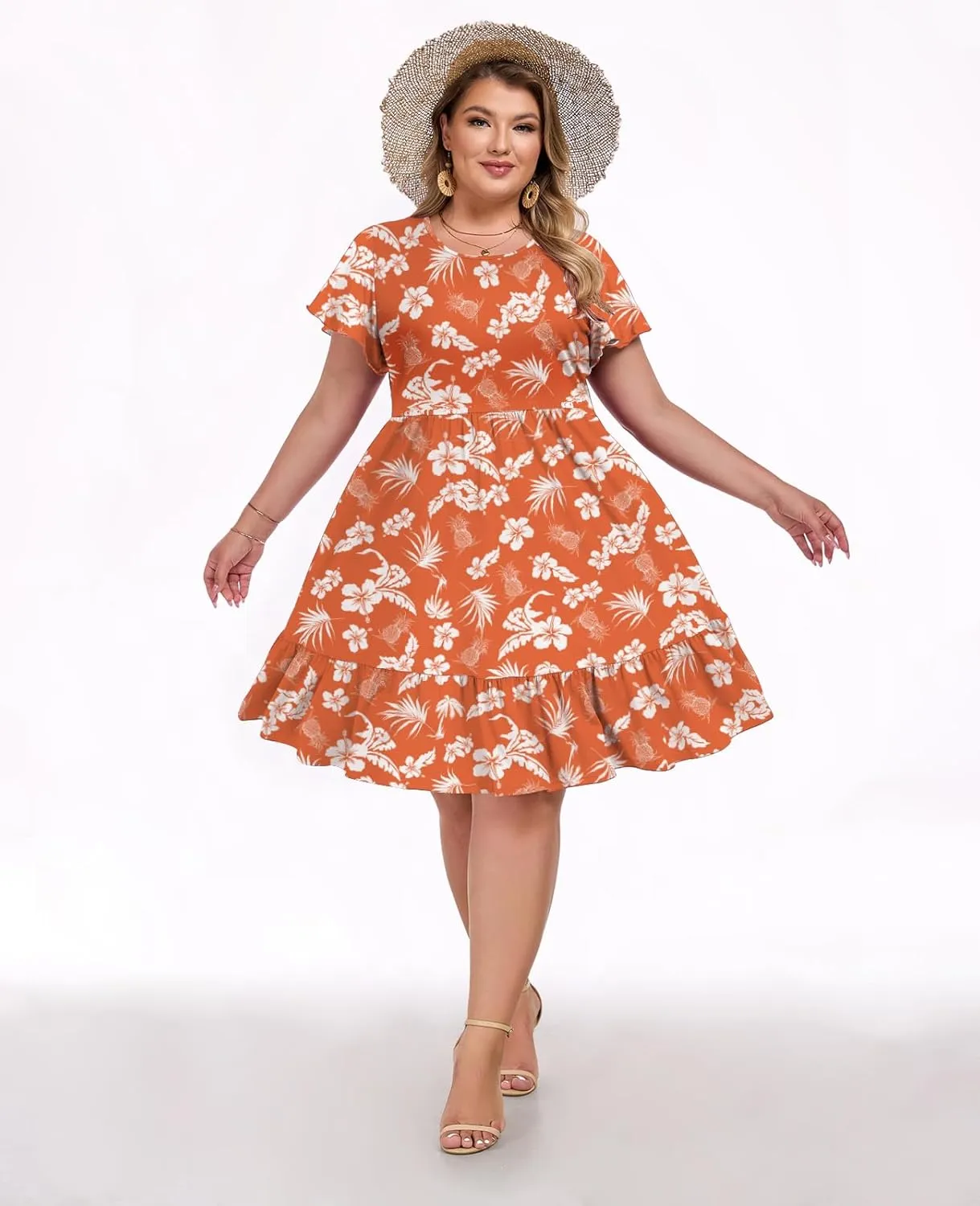 Women's 2025 Plus Size Casual Dress Crew Neck Ruffle Floral Short Sleeve Summer Midi Dresses with Pockets