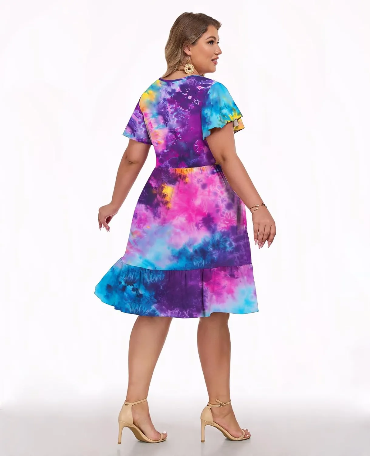 Women's 2025 Plus Size Casual Dress Crew Neck Ruffle Floral Short Sleeve Summer Midi Dresses with Pockets
