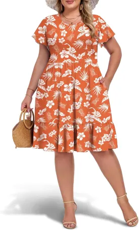 Women's 2025 Plus Size Casual Dress Crew Neck Ruffle Floral Short Sleeve Summer Midi Dresses with Pockets