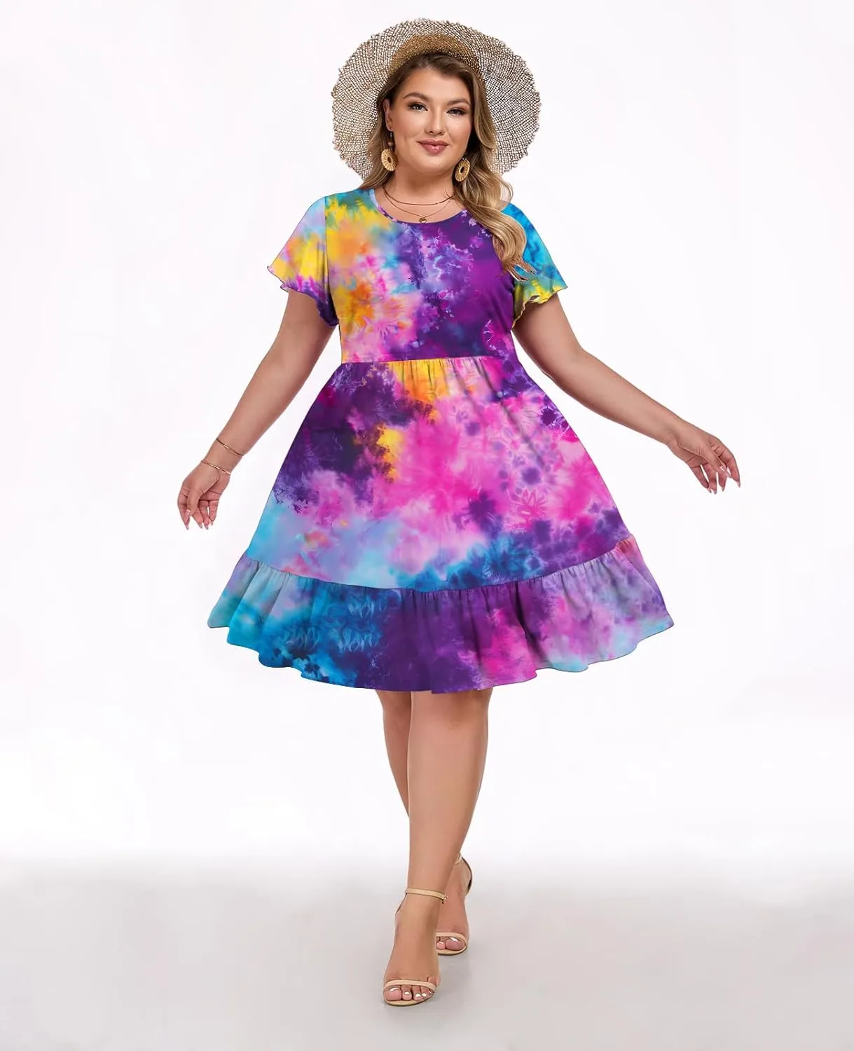 Women's 2025 Plus Size Casual Dress Crew Neck Ruffle Floral Short Sleeve Summer Midi Dresses with Pockets