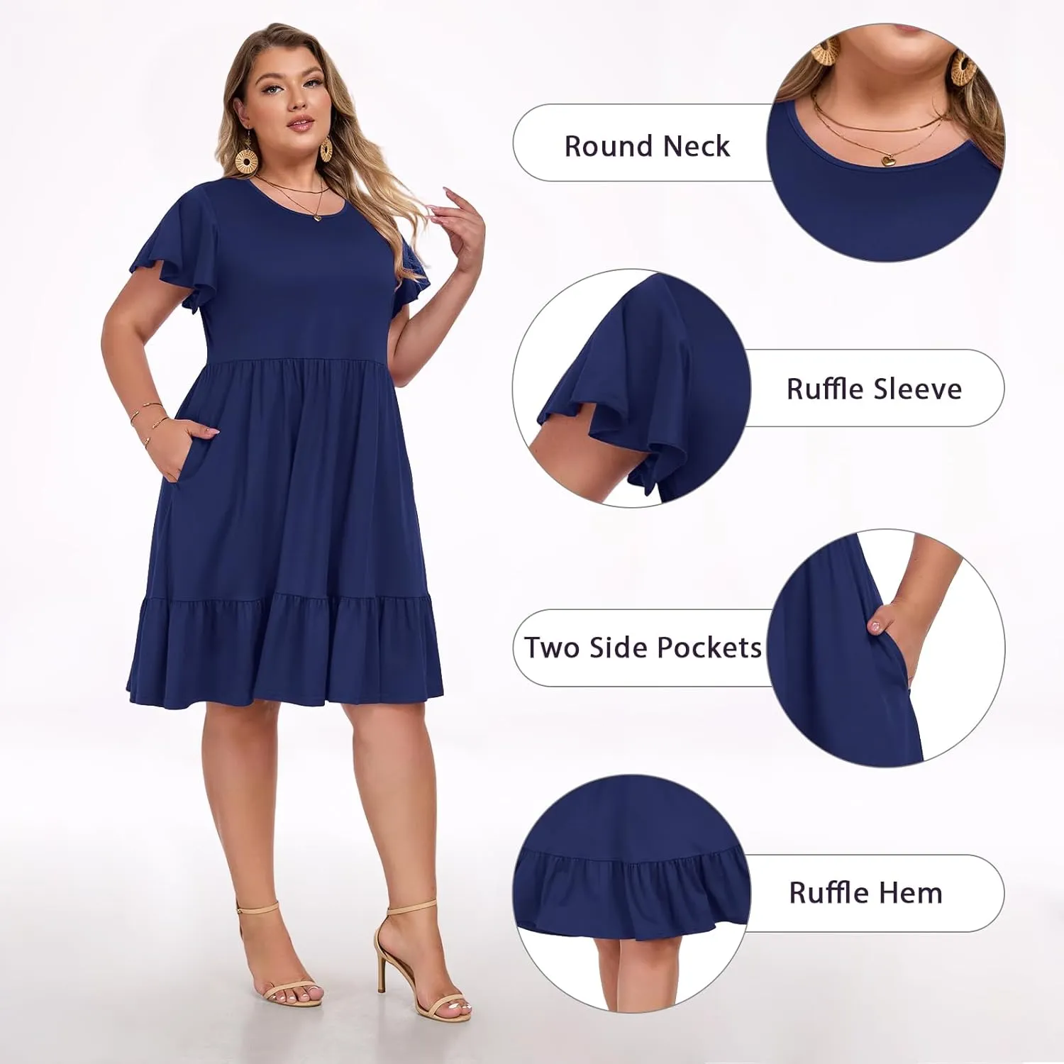Women's 2025 Plus Size Casual Dress Crew Neck Ruffle Floral Short Sleeve Summer Midi Dresses with Pockets