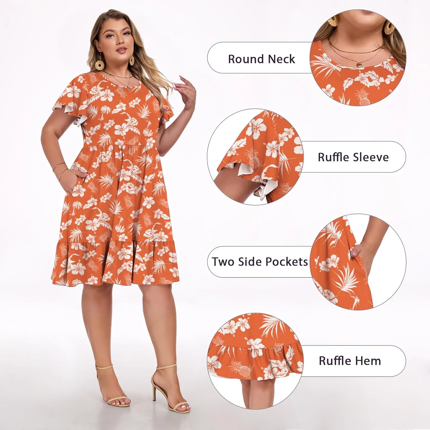 Women's 2025 Plus Size Casual Dress Crew Neck Ruffle Floral Short Sleeve Summer Midi Dresses with Pockets