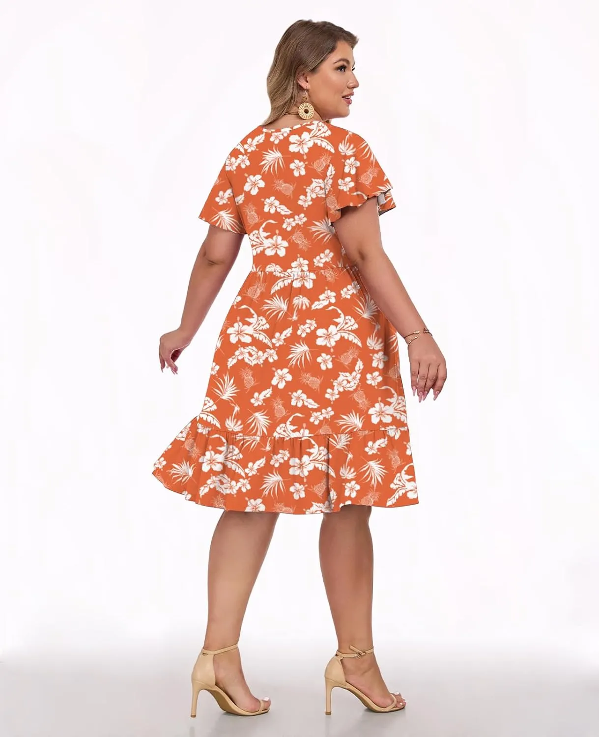 Women's 2025 Plus Size Casual Dress Crew Neck Ruffle Floral Short Sleeve Summer Midi Dresses with Pockets