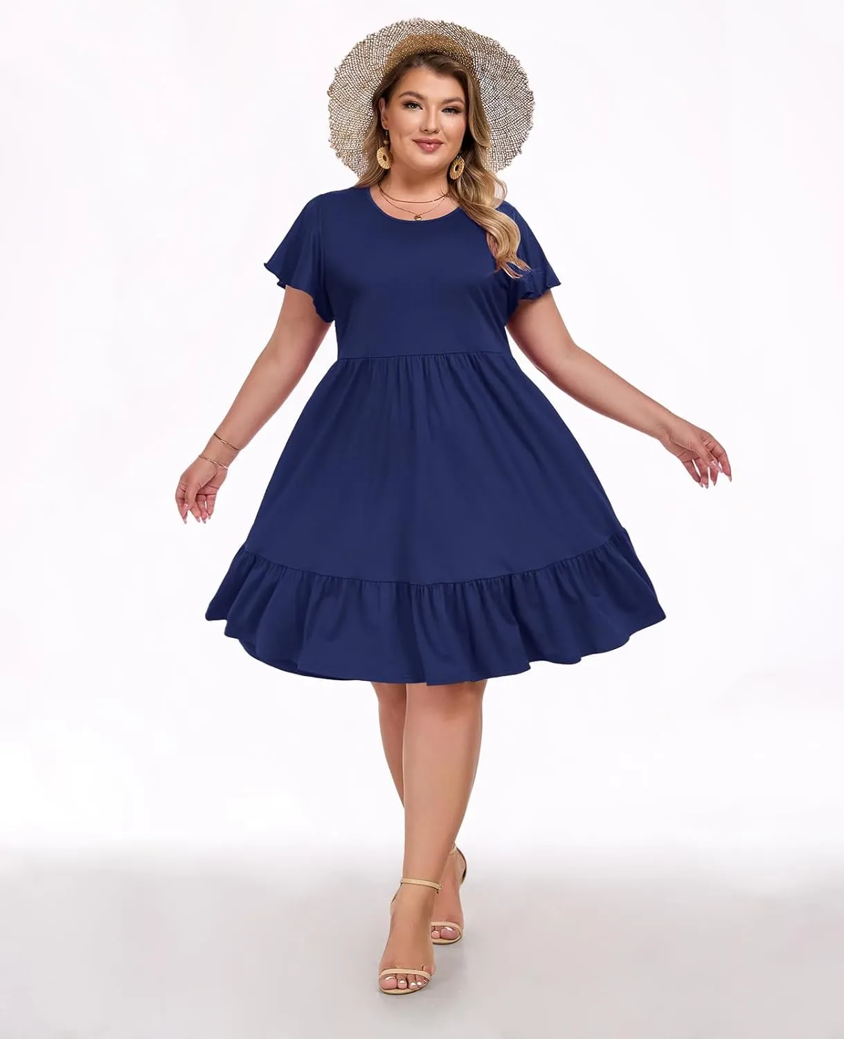 Women's 2025 Plus Size Casual Dress Crew Neck Ruffle Floral Short Sleeve Summer Midi Dresses with Pockets