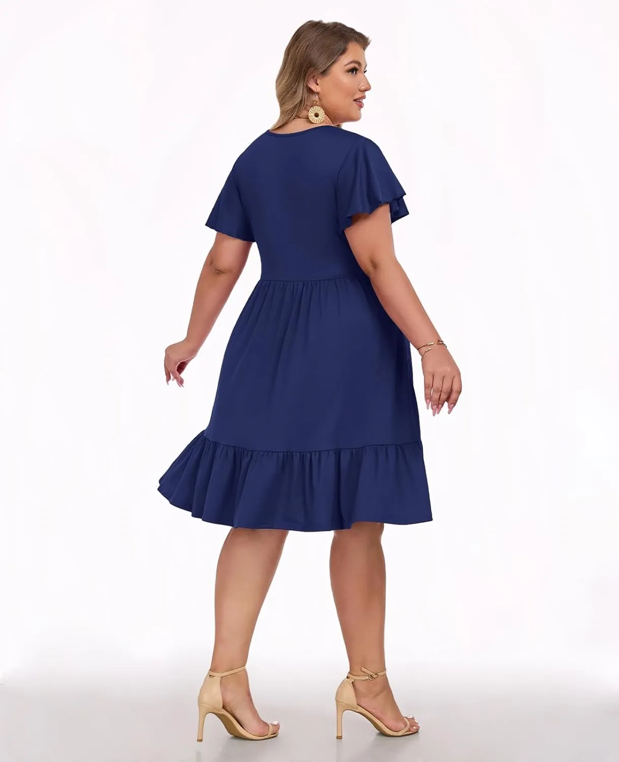 Women's 2025 Plus Size Casual Dress Crew Neck Ruffle Floral Short Sleeve Summer Midi Dresses with Pockets