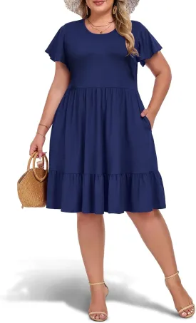 Women's 2025 Plus Size Casual Dress Crew Neck Ruffle Floral Short Sleeve Summer Midi Dresses with Pockets