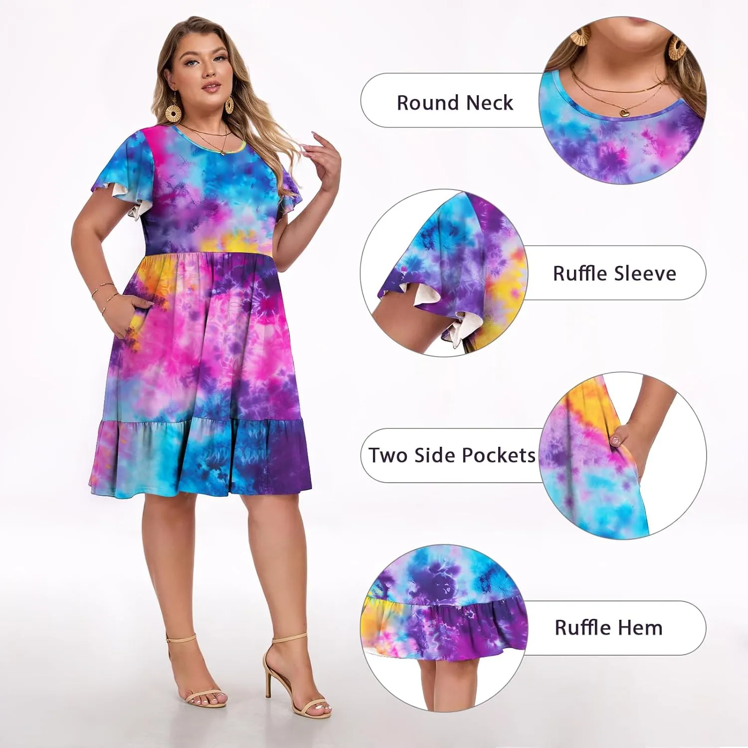 Women's 2025 Plus Size Casual Dress Crew Neck Ruffle Floral Short Sleeve Summer Midi Dresses with Pockets