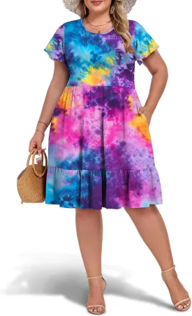 Women's 2025 Plus Size Casual Dress Crew Neck Ruffle Floral Short Sleeve Summer Midi Dresses with Pockets