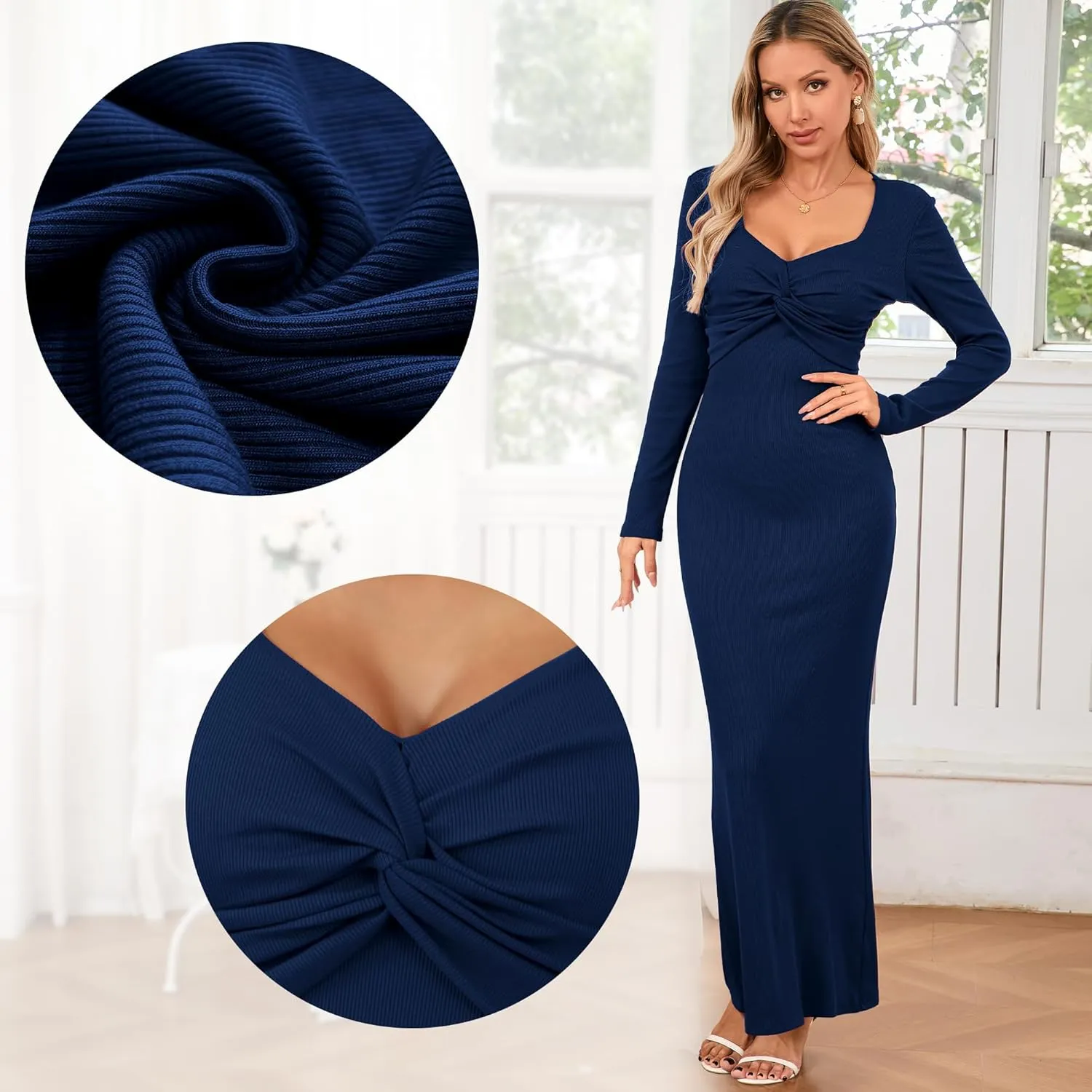 Women's Bodycon Maxi Dress Square Neck Long Sleeve Formal Tube Twist Knot Front Ribbed Knit 2025 Spring Casual Dress