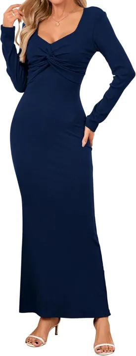 Women's Bodycon Maxi Dress Square Neck Long Sleeve Formal Tube Twist Knot Front Ribbed Knit 2025 Spring Casual Dress