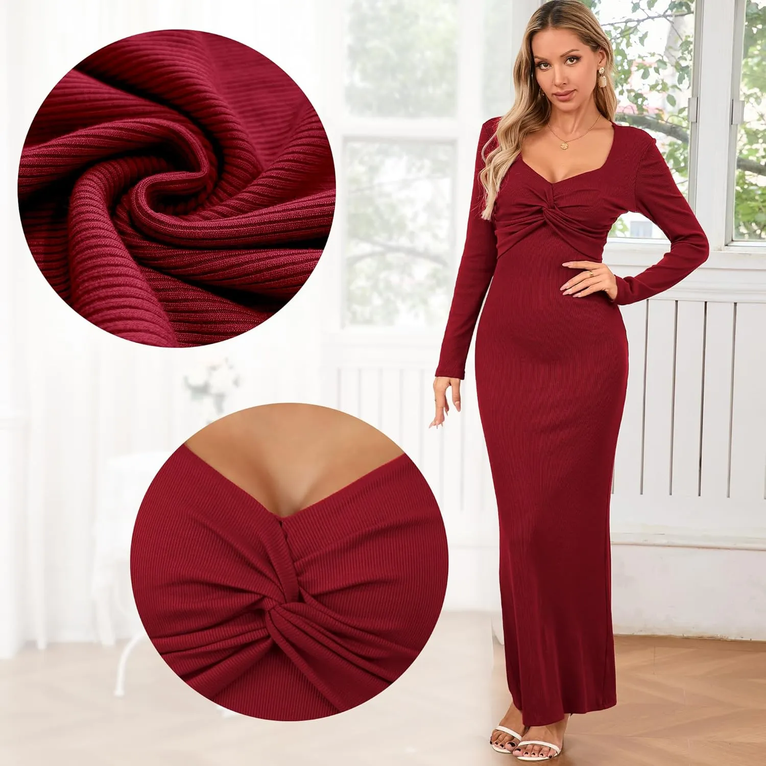 Women's Bodycon Maxi Dress Square Neck Long Sleeve Formal Tube Twist Knot Front Ribbed Knit 2025 Spring Casual Dress