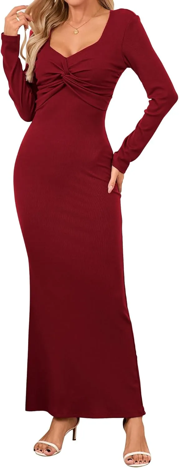 Women's Bodycon Maxi Dress Square Neck Long Sleeve Formal Tube Twist Knot Front Ribbed Knit 2025 Spring Casual Dress