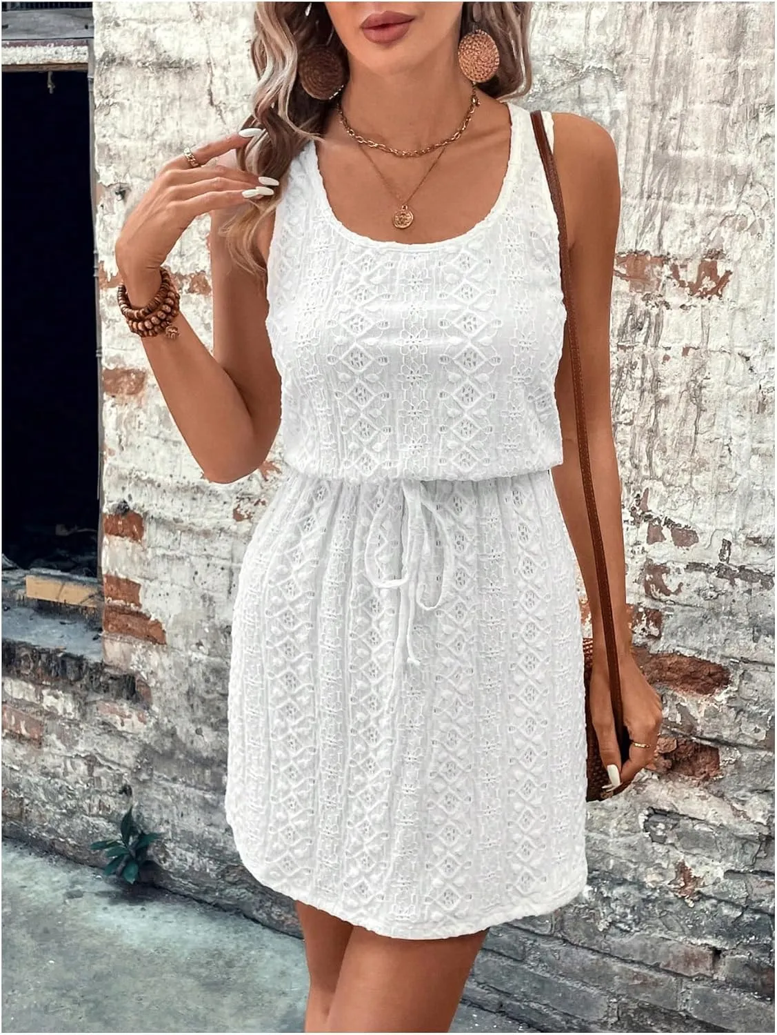 Women's Eyelet Embroidery Sleeveless Tank Dress Scoop Neck Drawstring Waist Short Dress Casual Dresses