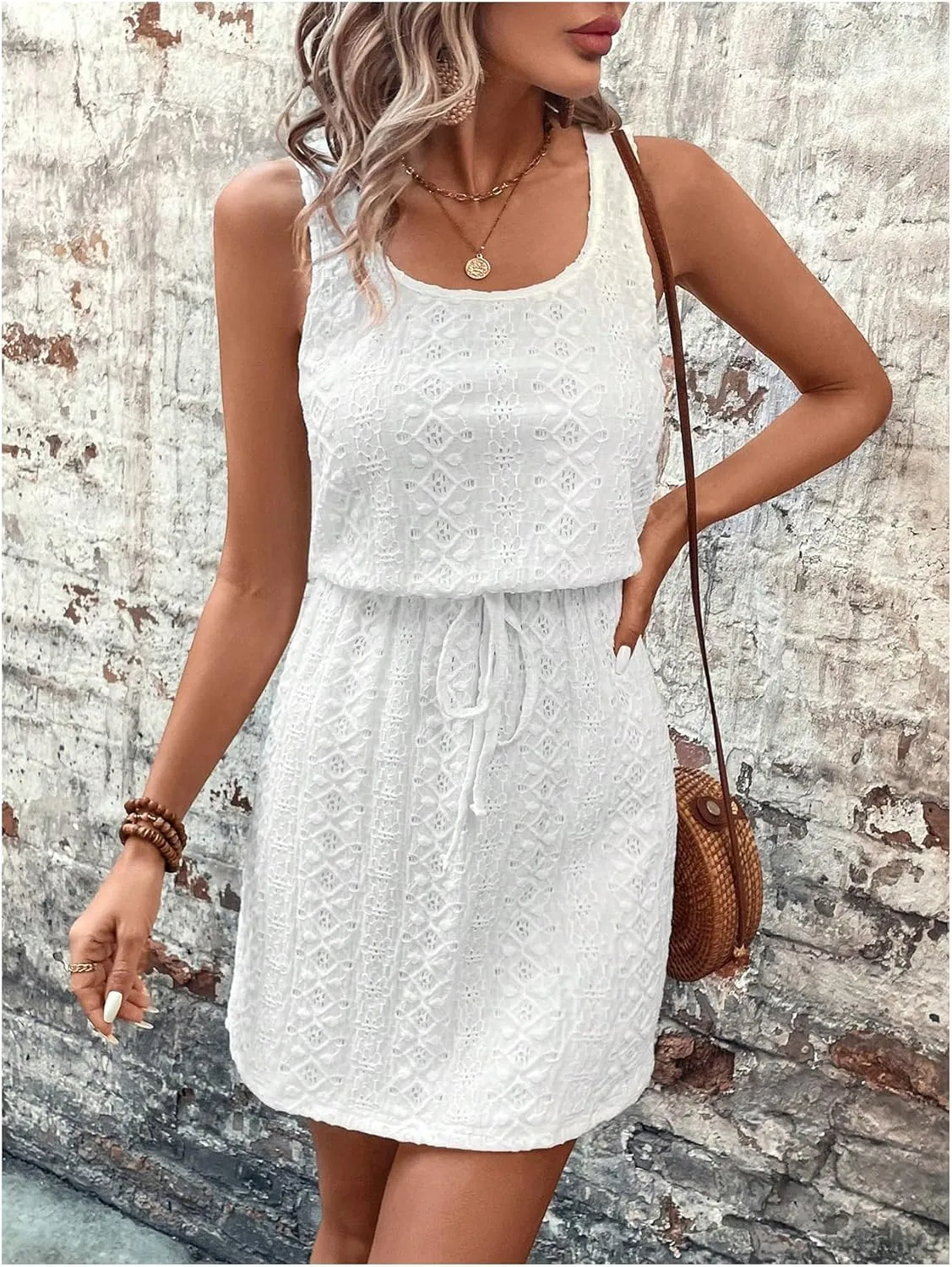 Women's Eyelet Embroidery Sleeveless Tank Dress Scoop Neck Drawstring Waist Short Dress Casual Dresses