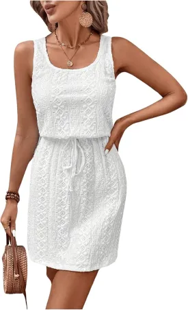Women's Eyelet Embroidery Sleeveless Tank Dress Scoop Neck Drawstring Waist Short Dress Casual Dresses