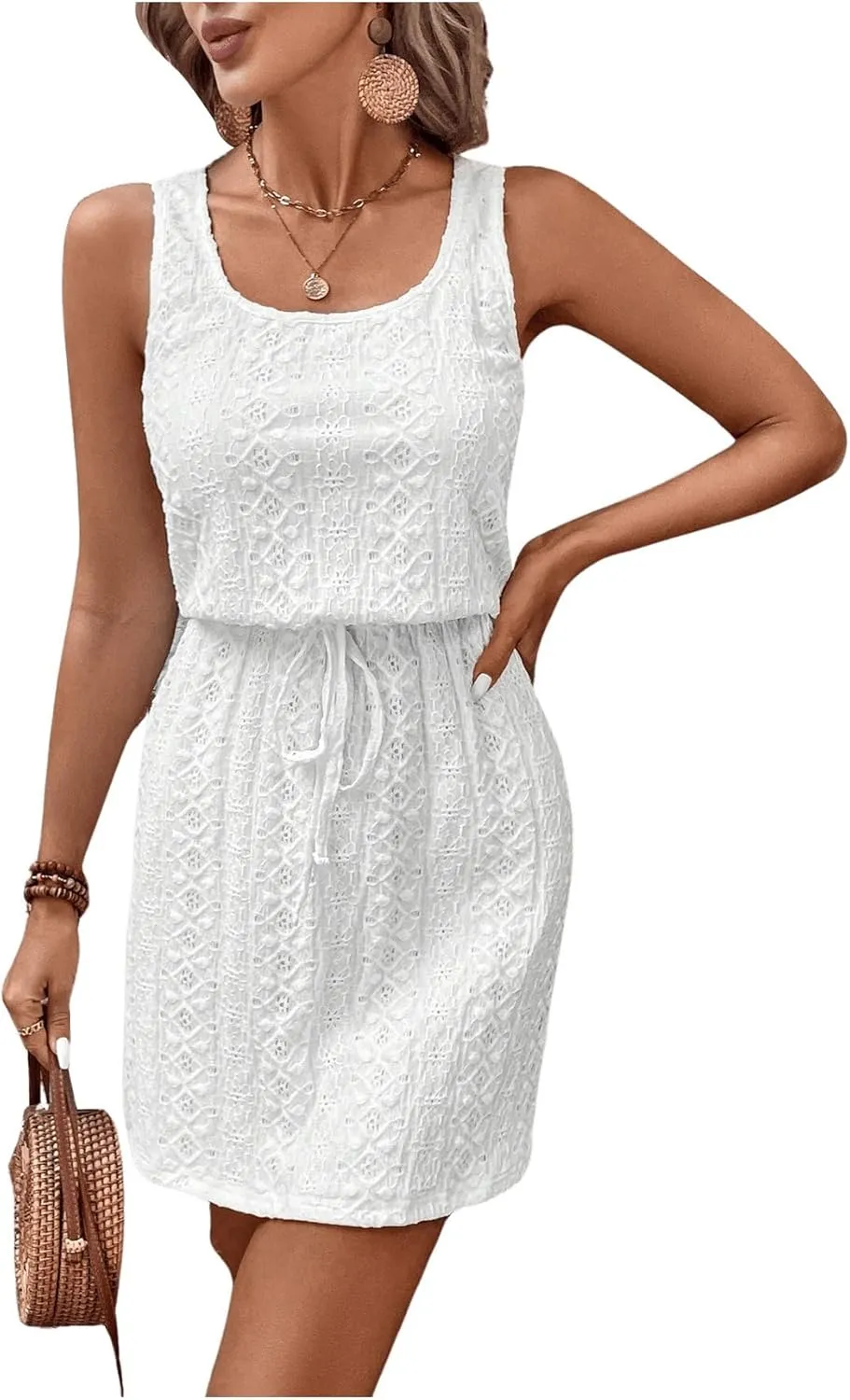 Women's Eyelet Embroidery Sleeveless Tank Dress Scoop Neck Drawstring Waist Short Dress Casual Dresses