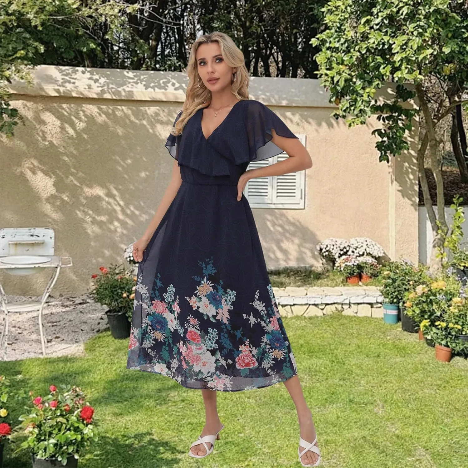 Women's Floral Dress for Women - A-Line Long Skirt with V-Neck, Elegant Summer Dresses