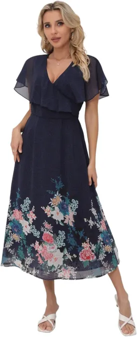 Women's Floral Dress for Women - A-Line Long Skirt with V-Neck, Elegant Summer Dresses