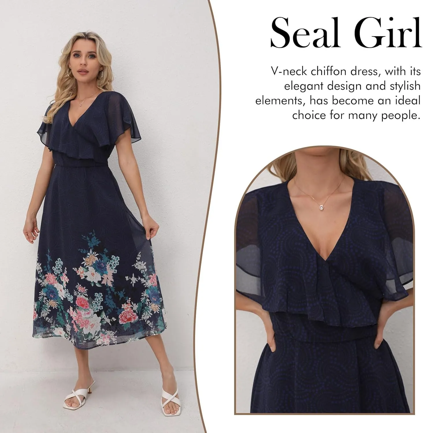 Women's Floral Dress for Women - A-Line Long Skirt with V-Neck, Elegant Summer Dresses