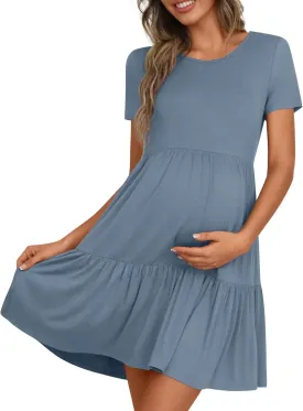 Women's Maternity Summer Short Sleeve Dresses Ruffle Tiered Swing Loose Fit Pregnancy Dress