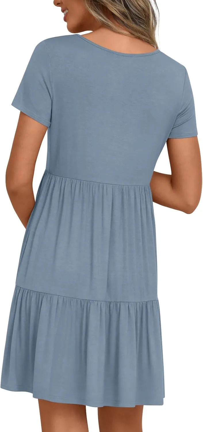 Women's Maternity Summer Short Sleeve Dresses Ruffle Tiered Swing Loose Fit Pregnancy Dress