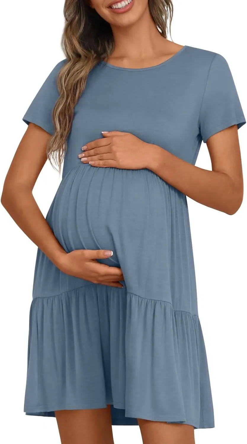 Women's Maternity Summer Short Sleeve Dresses Ruffle Tiered Swing Loose Fit Pregnancy Dress