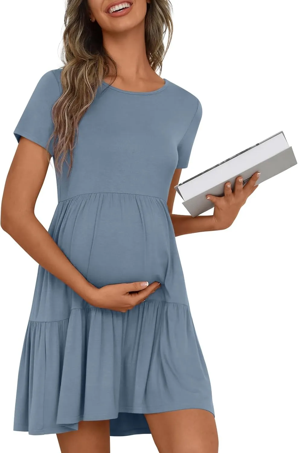 Women's Maternity Summer Short Sleeve Dresses Ruffle Tiered Swing Loose Fit Pregnancy Dress