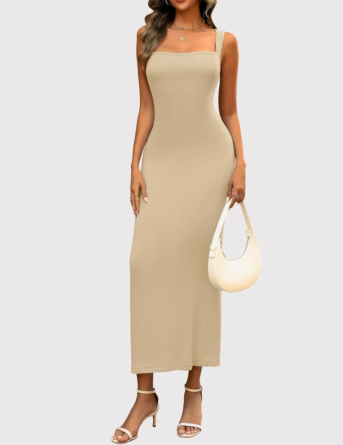 Women's Maxi Bodycon Dresses Square Neck Sleeveless Elegant Cocktail Party Club Long Tank Dress