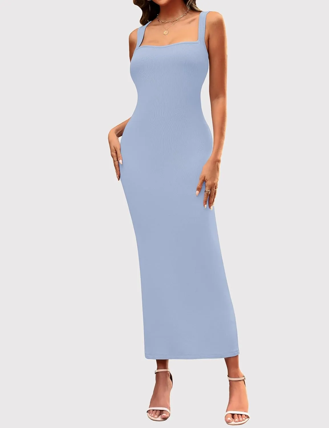 Women's Maxi Bodycon Dresses Square Neck Sleeveless Elegant Cocktail Party Club Long Tank Dress