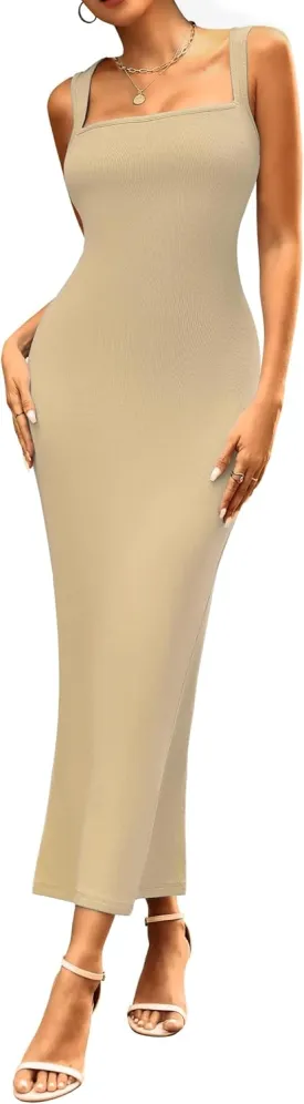 Women's Maxi Bodycon Dresses Square Neck Sleeveless Elegant Cocktail Party Club Long Tank Dress