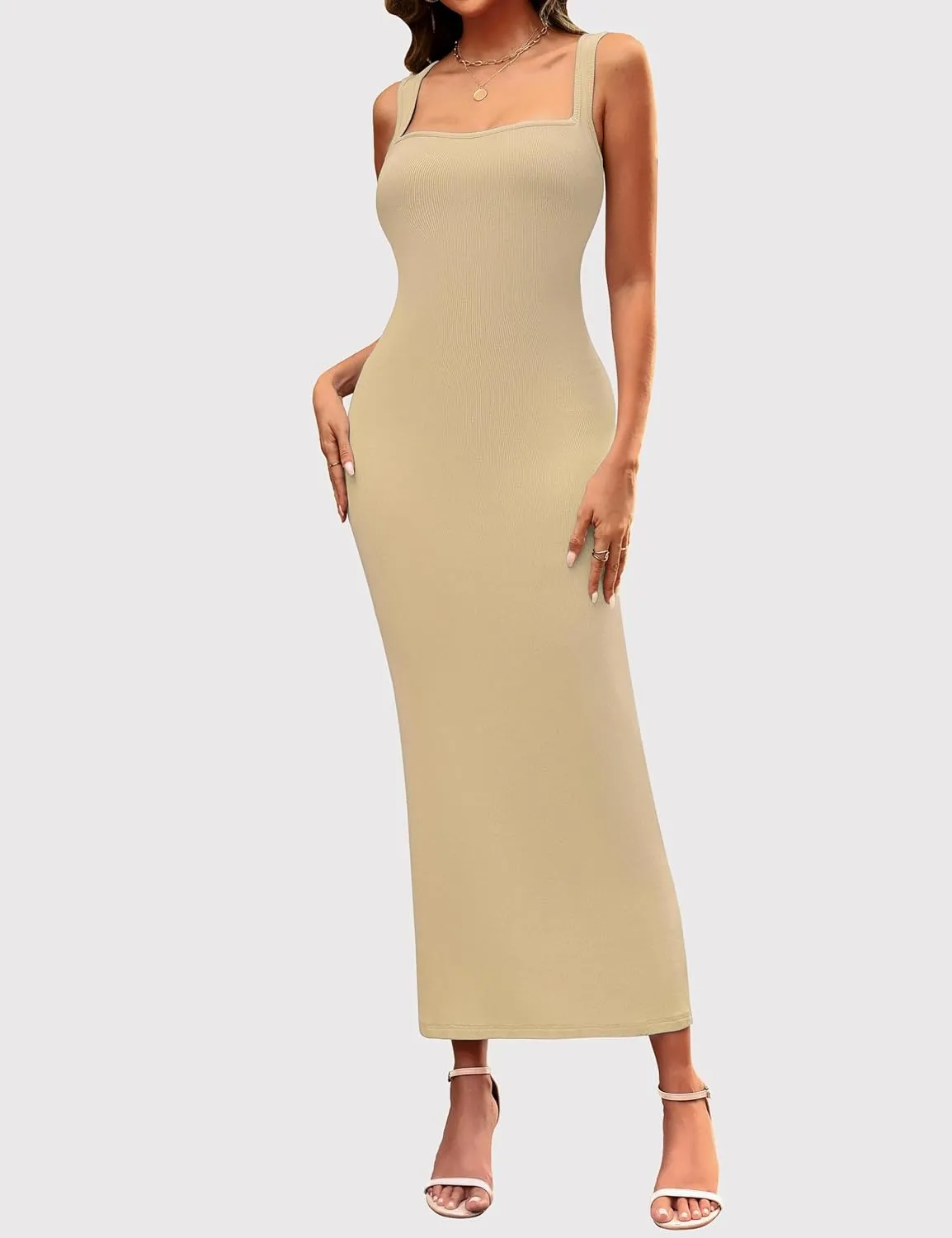 Women's Maxi Bodycon Dresses Square Neck Sleeveless Elegant Cocktail Party Club Long Tank Dress