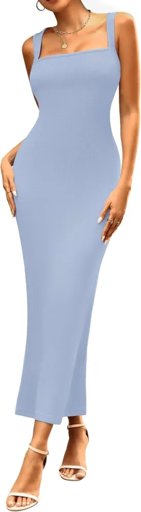 Women's Maxi Bodycon Dresses Square Neck Sleeveless Elegant Cocktail Party Club Long Tank Dress