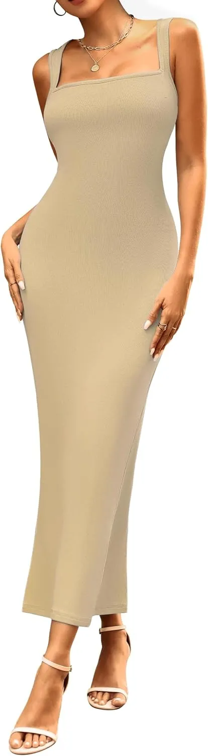 Women's Maxi Bodycon Dresses Square Neck Sleeveless Elegant Cocktail Party Club Long Tank Dress