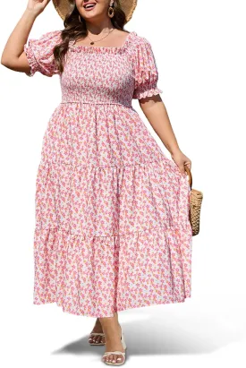 Women's Plus Size Casual Maxi Dress Square Neck Smocked Dress Short Puff Sleeve Floral Solid Summer Dress