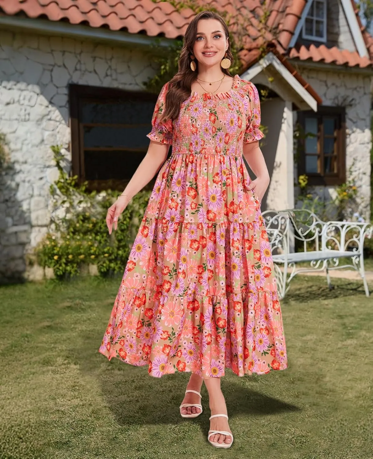 Women's Plus Size Casual Maxi Dress Square Neck Smocked Dress Short Puff Sleeve Floral Solid Summer Dress