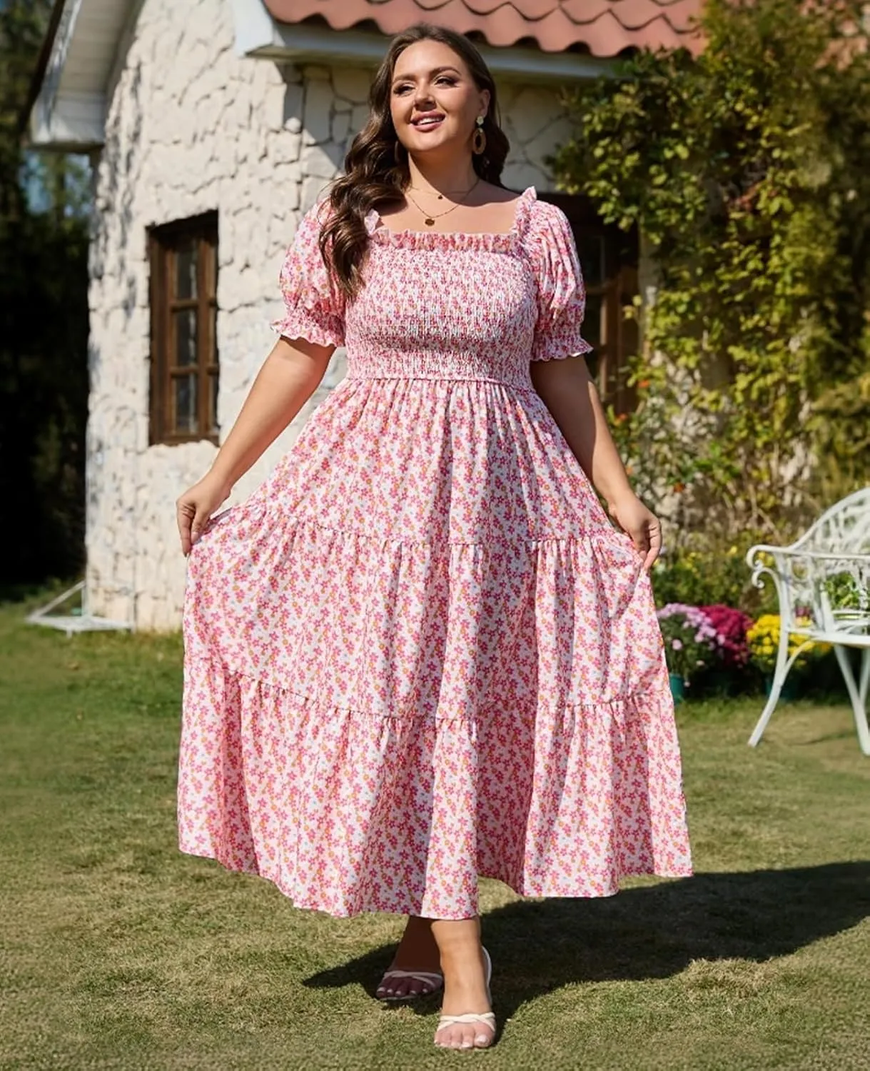 Women's Plus Size Casual Maxi Dress Square Neck Smocked Dress Short Puff Sleeve Floral Solid Summer Dress