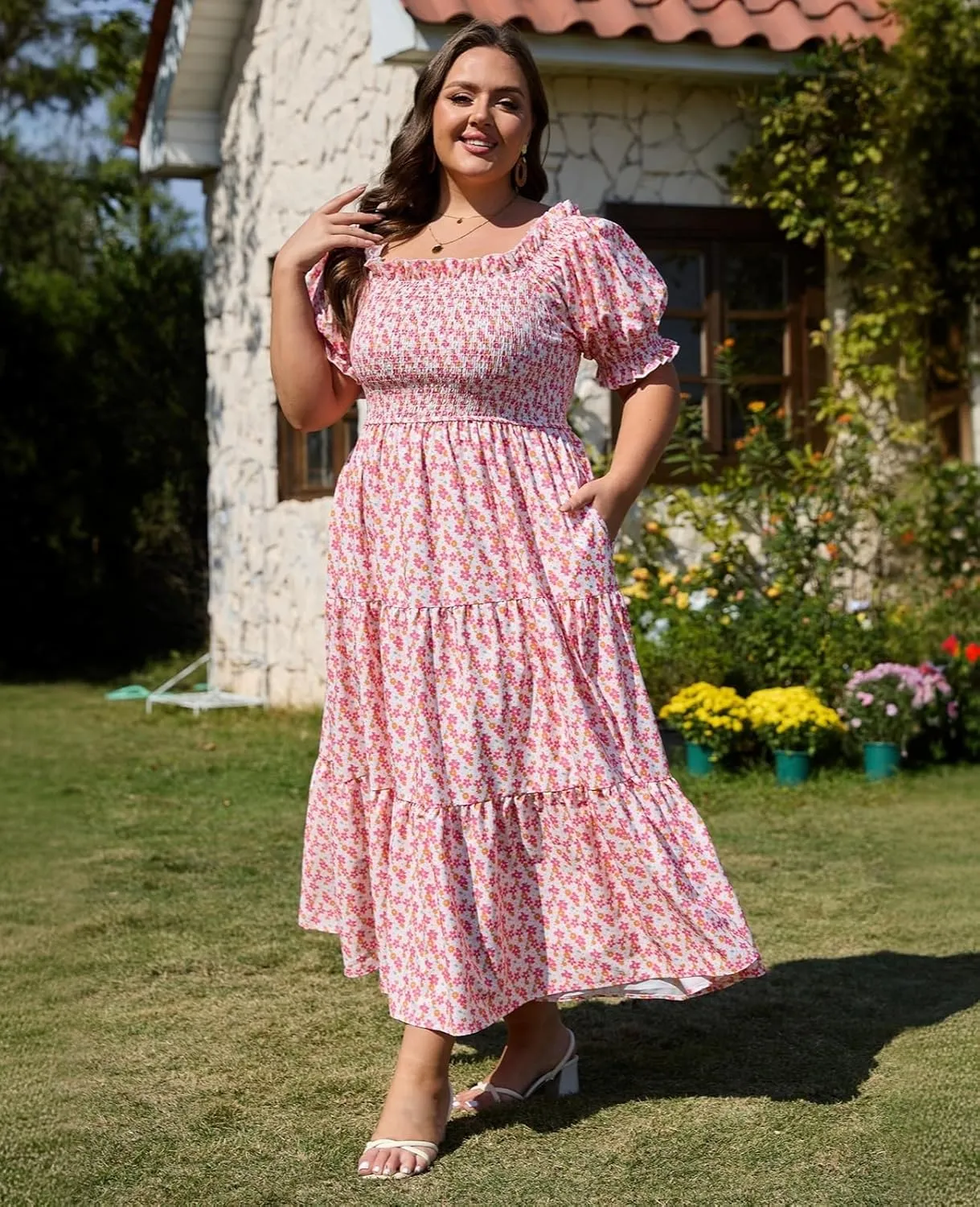 Women's Plus Size Casual Maxi Dress Square Neck Smocked Dress Short Puff Sleeve Floral Solid Summer Dress