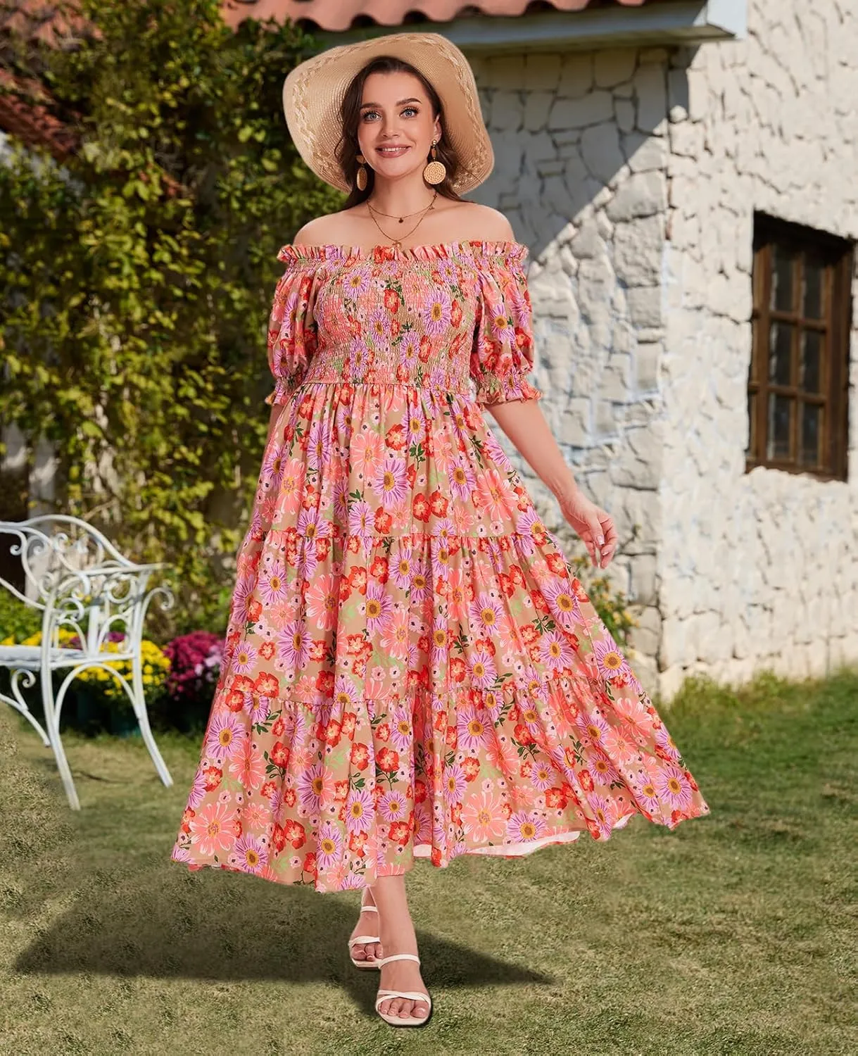 Women's Plus Size Casual Maxi Dress Square Neck Smocked Dress Short Puff Sleeve Floral Solid Summer Dress