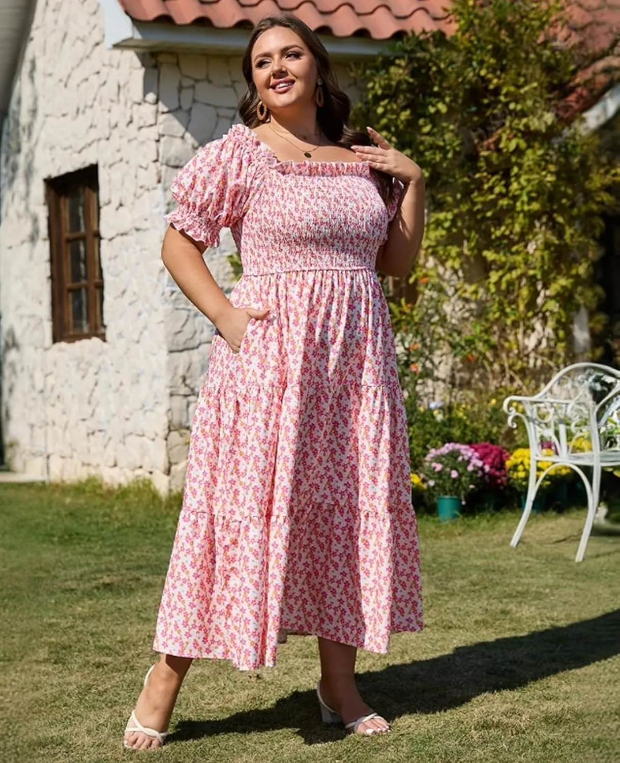 Women's Plus Size Casual Maxi Dress Square Neck Smocked Dress Short Puff Sleeve Floral Solid Summer Dress